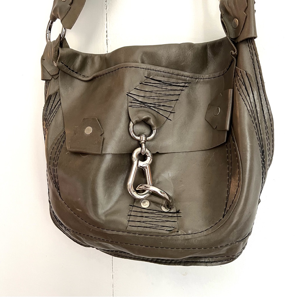(H(Om)E) Heather Hambrecht Crossbody Bag Olive Gray Organic Distressed Leather